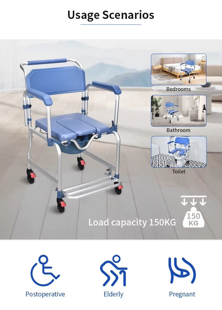 Rolling Shower Commode Aluminium Wheelchair with Flip-Up Armrest & Footrest (U Cut Seat)