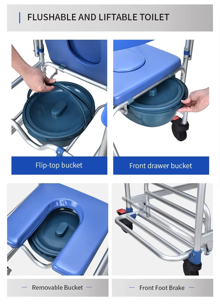 Rolling Shower Commode Aluminium Wheelchair with Flip-Up Armrest & Footrest (U Cut Seat)