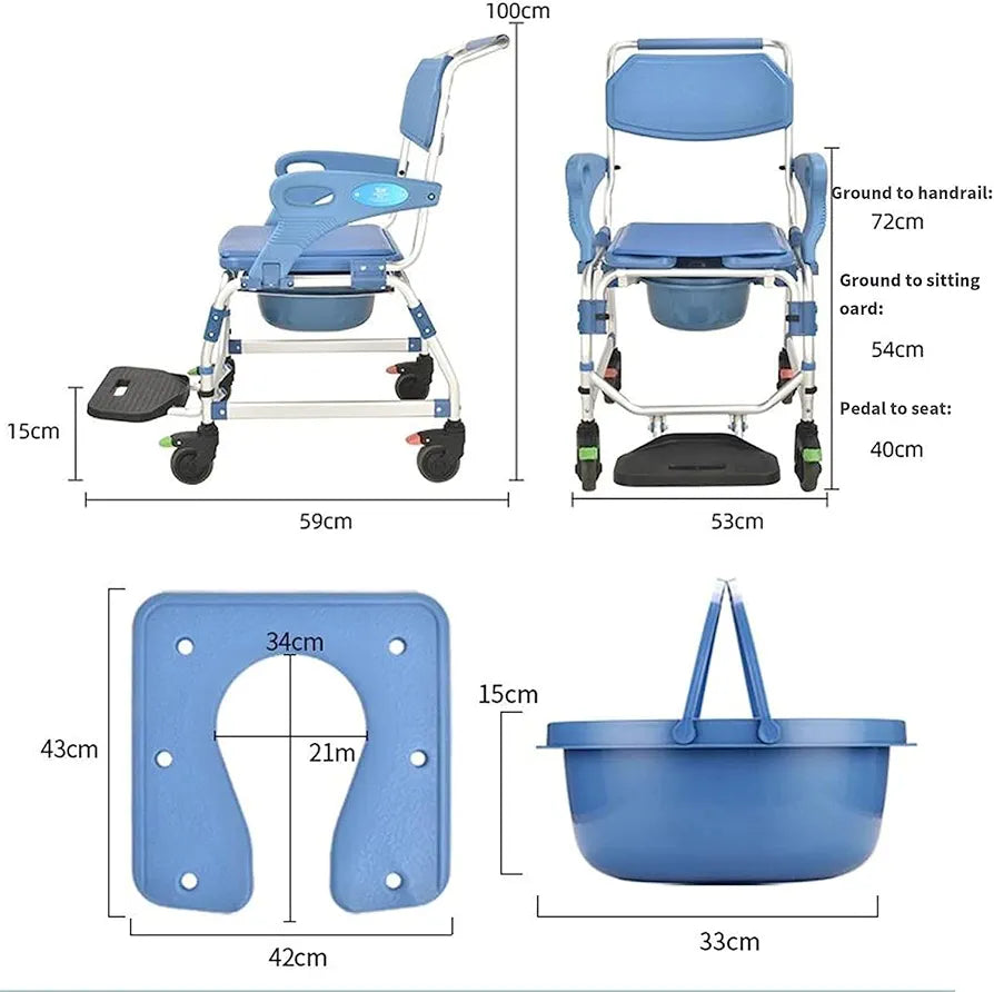 4 in 1 Shower Commode Wheelchair - with Wheeled Toilet Chair - Adjustable Armrest Height - Non-SlipMobile Toilet - for Elderly Disabled Person