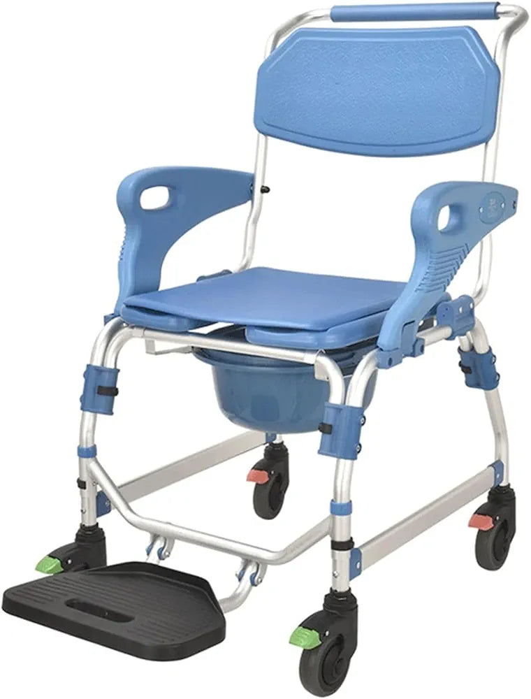 4 in 1 Shower Commode Wheelchair - with Wheeled Toilet Chair - Adjustable Armrest Height - Non-SlipMobile Toilet - for Elderly Disabled Person