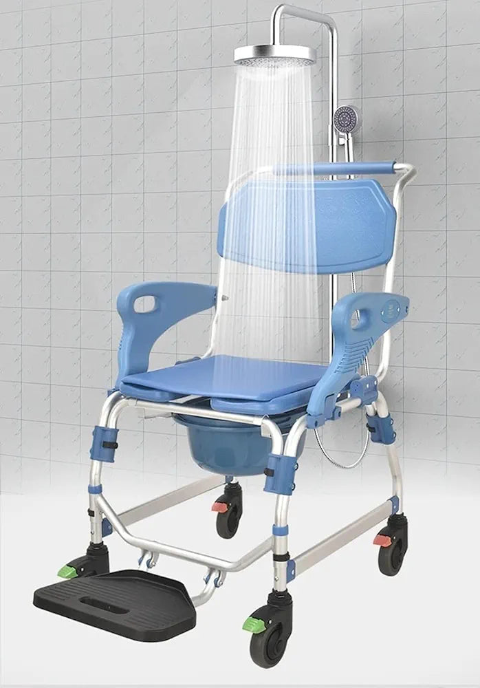 4 in 1 Shower Commode Wheelchair - with Wheeled Toilet Chair - Adjustable Armrest Height - Non-SlipMobile Toilet - for Elderly Disabled Person