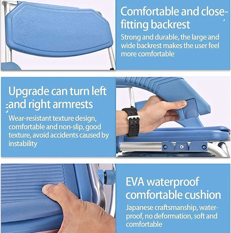 4 in 1 Shower Commode Wheelchair - with Wheeled Toilet Chair - Adjustable Armrest Height - Non-SlipMobile Toilet - for Elderly Disabled Person