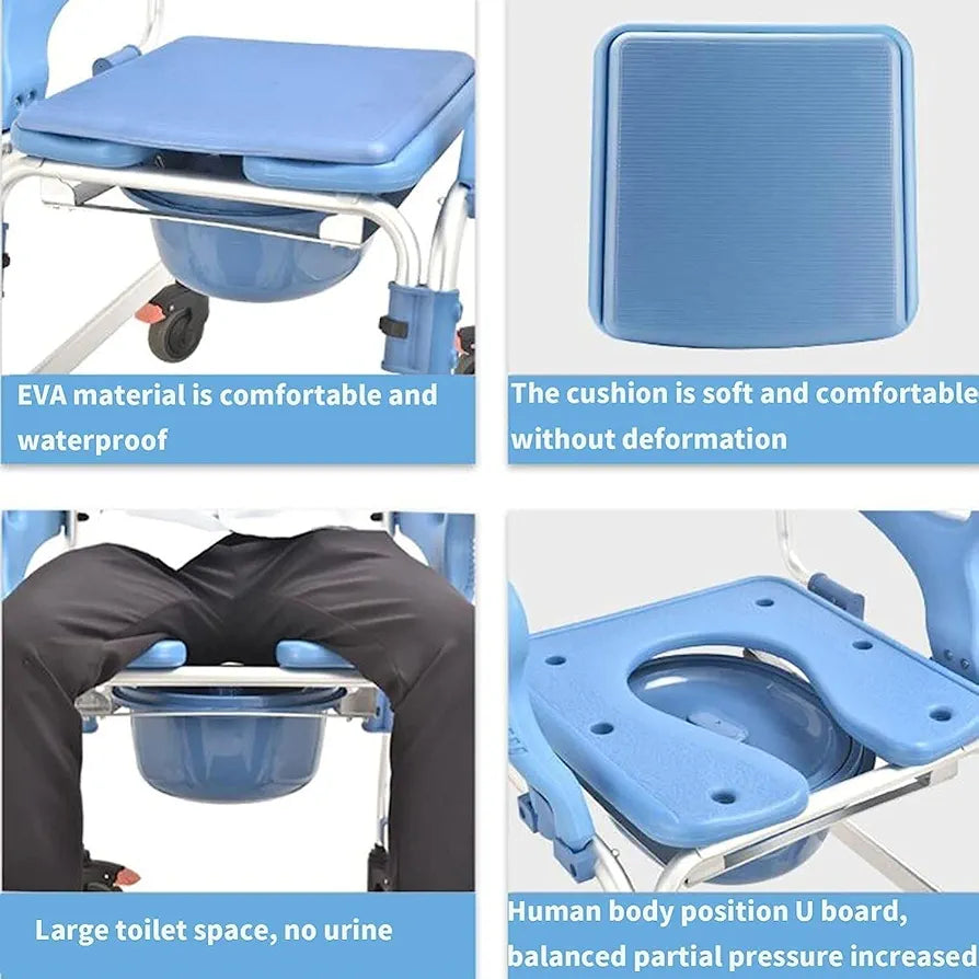 4 in 1 Shower Commode Wheelchair - with Wheeled Toilet Chair - Adjustable Armrest Height - Non-SlipMobile Toilet - for Elderly Disabled Person