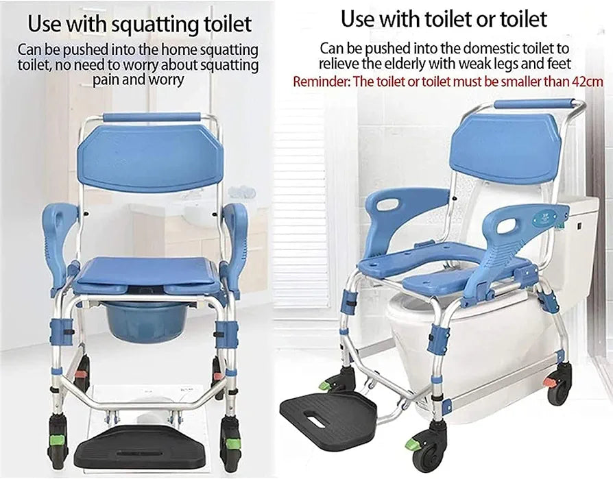 4 in 1 Shower Commode Wheelchair - with Wheeled Toilet Chair - Adjustable Armrest Height - Non-SlipMobile Toilet - for Elderly Disabled Person