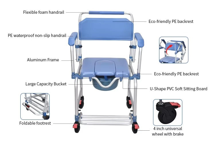 Rolling Shower Commode Aluminium Wheelchair with Flip-Up Armrest & Footrest (U Cut Seat)