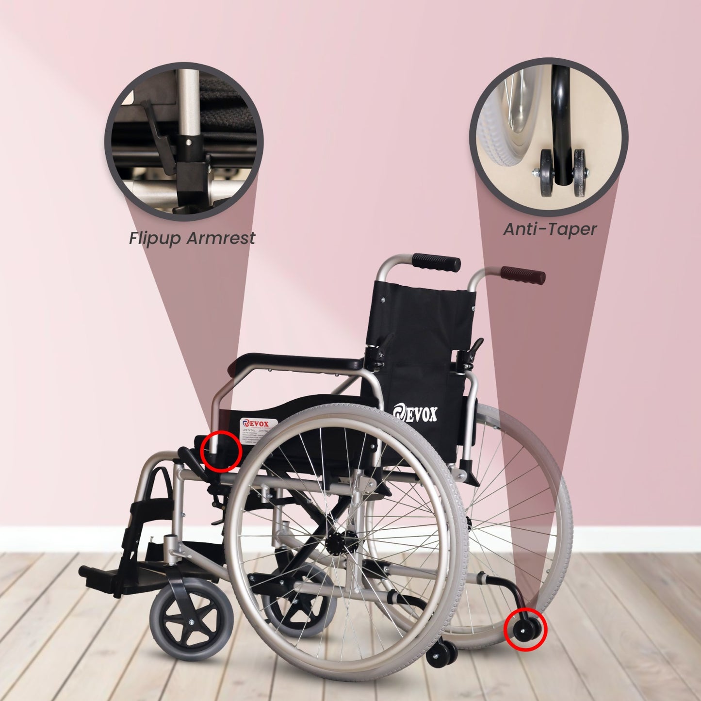 Evox WC 101M Lightweight Foldable Aluminium Wheelchair with Flip-Up Armrest Detachable Footrest & Removable Big Wheels