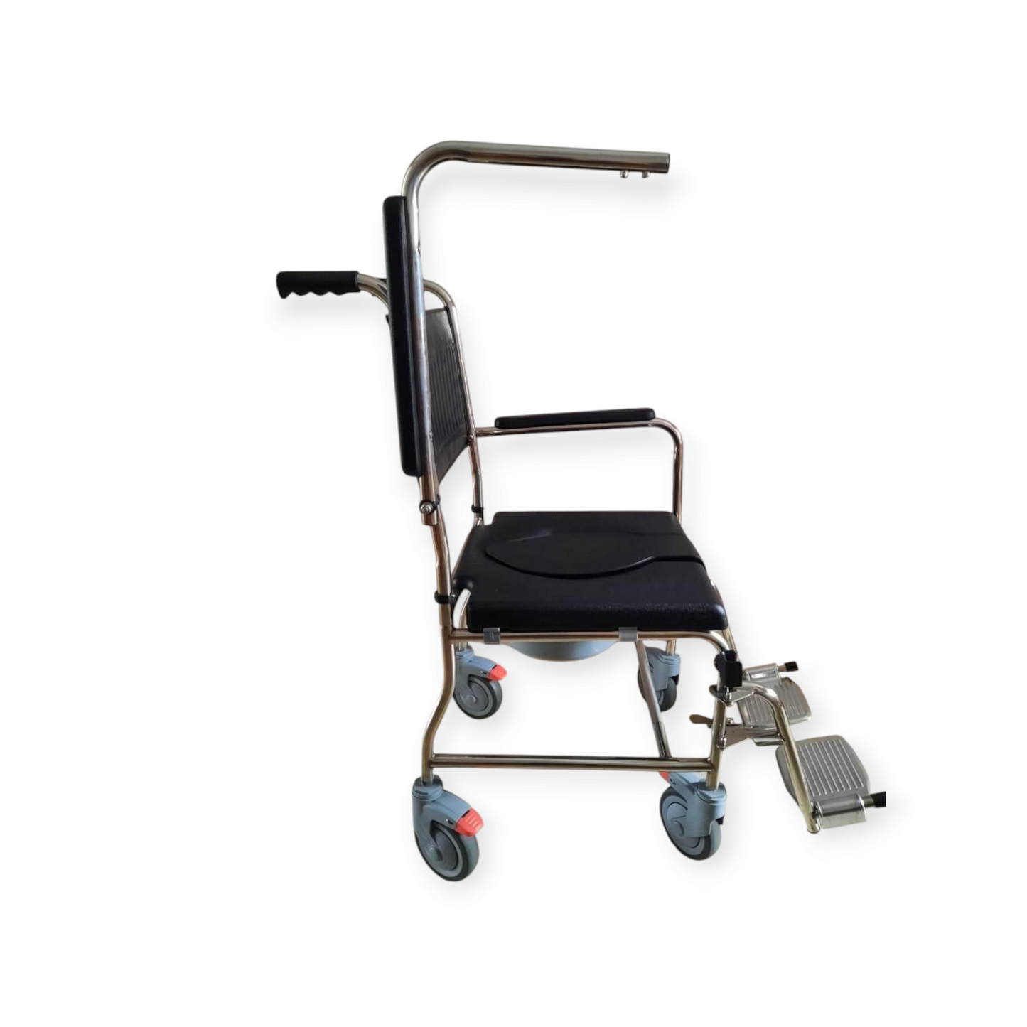 Fully Waterproof Pu Seat Stainless Steel Rolling Shower Commode Wheelchair With Flip Up Armrest & Detachable Footrest