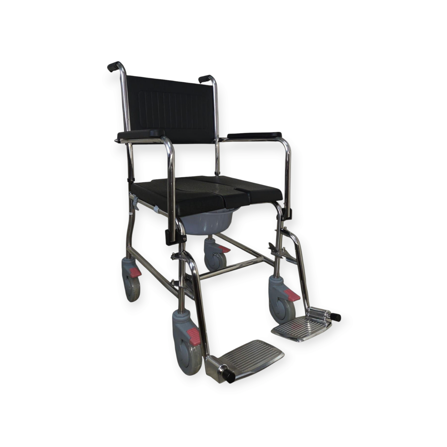 Fully Waterproof Pu Seat Stainless Steel Rolling Shower Commode Wheelchair With Flip Up Armrest & Detachable Footrest