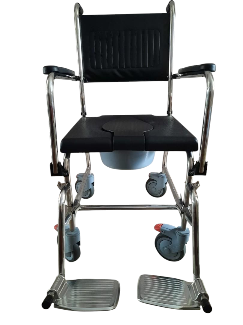 Fully Waterproof Pu Seat Stainless Steel Rolling Shower Commode Wheelchair With Flip Up Armrest & Detachable Footrest