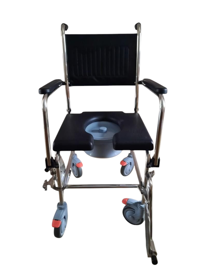 Fully Waterproof Pu Seat Stainless Steel Rolling Shower Commode Wheelchair With Flip Up Armrest & Detachable Footrest