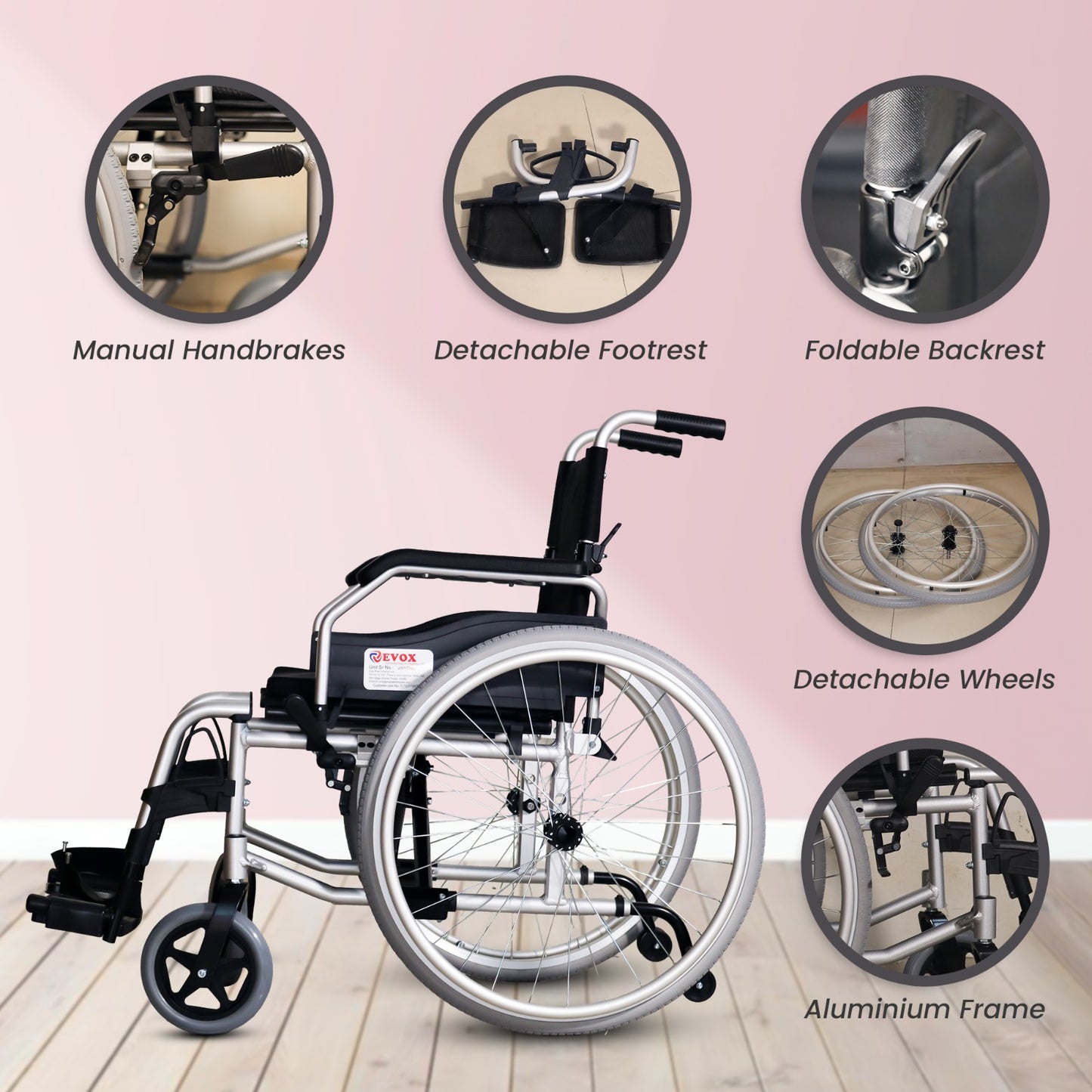 Evox WC 101M Lightweight Foldable Aluminium Wheelchair with Flip-Up Armrest Detachable Footrest & Removable Big Wheels