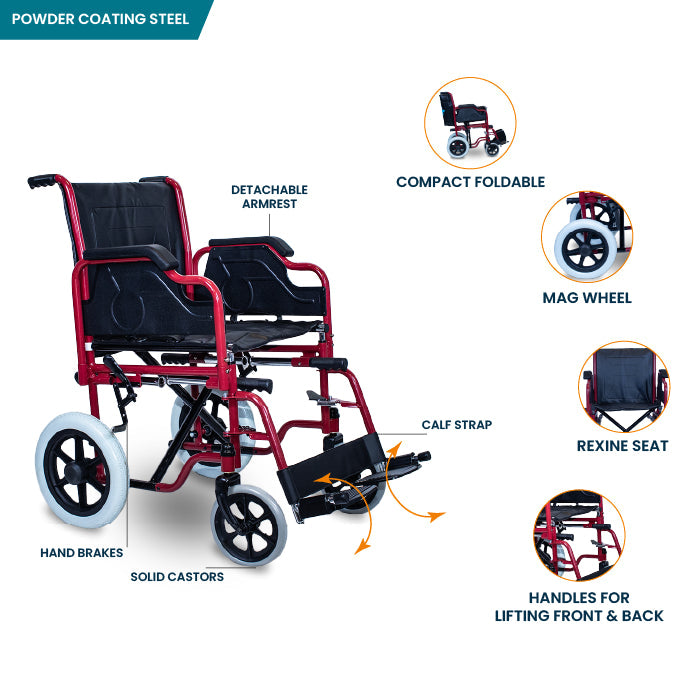 Premium Imported Light Weight Foldable Doli Wheelchair with Lifting Rod Detachable Armrest & Footrest
