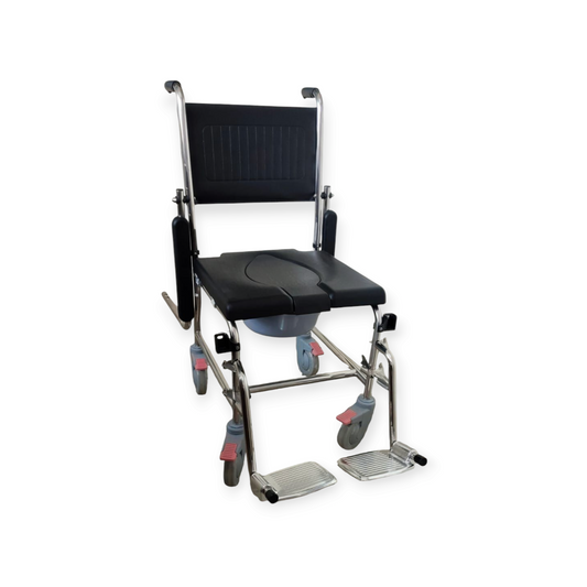 Fully Waterproof Pu Seat Stainless Steel Rolling Shower Commode Wheelchair With Flip Up Armrest & Detachable Footrest