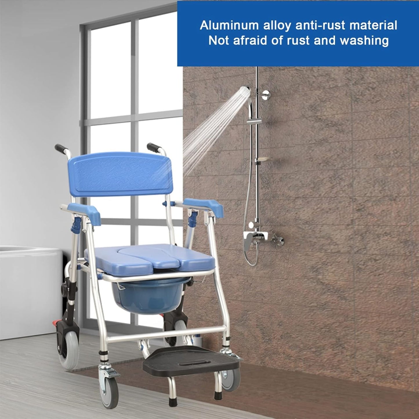 3 in 1 U Cut Seat Aluminium Rolling Shower Commode Chair Wheels for Adult Old People