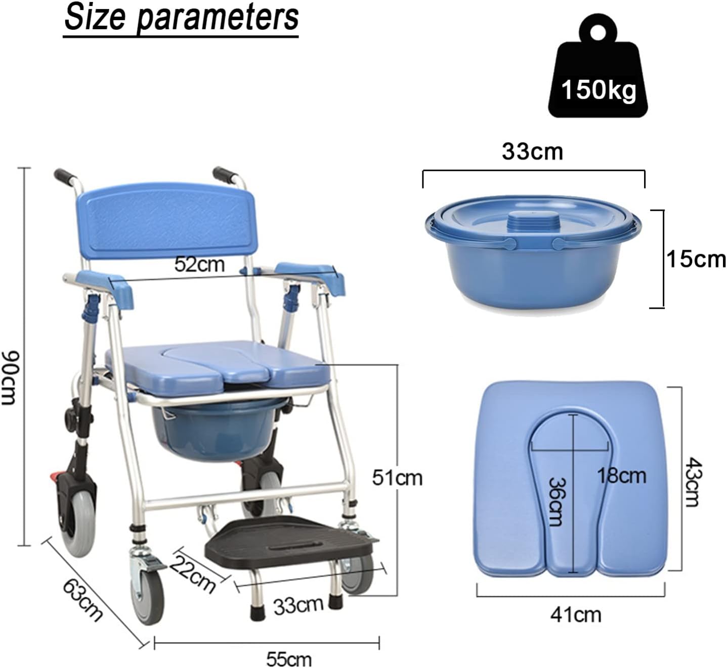 3 in 1 U Cut Seat Aluminium Rolling Shower Commode Chair Wheels for Adult Old People