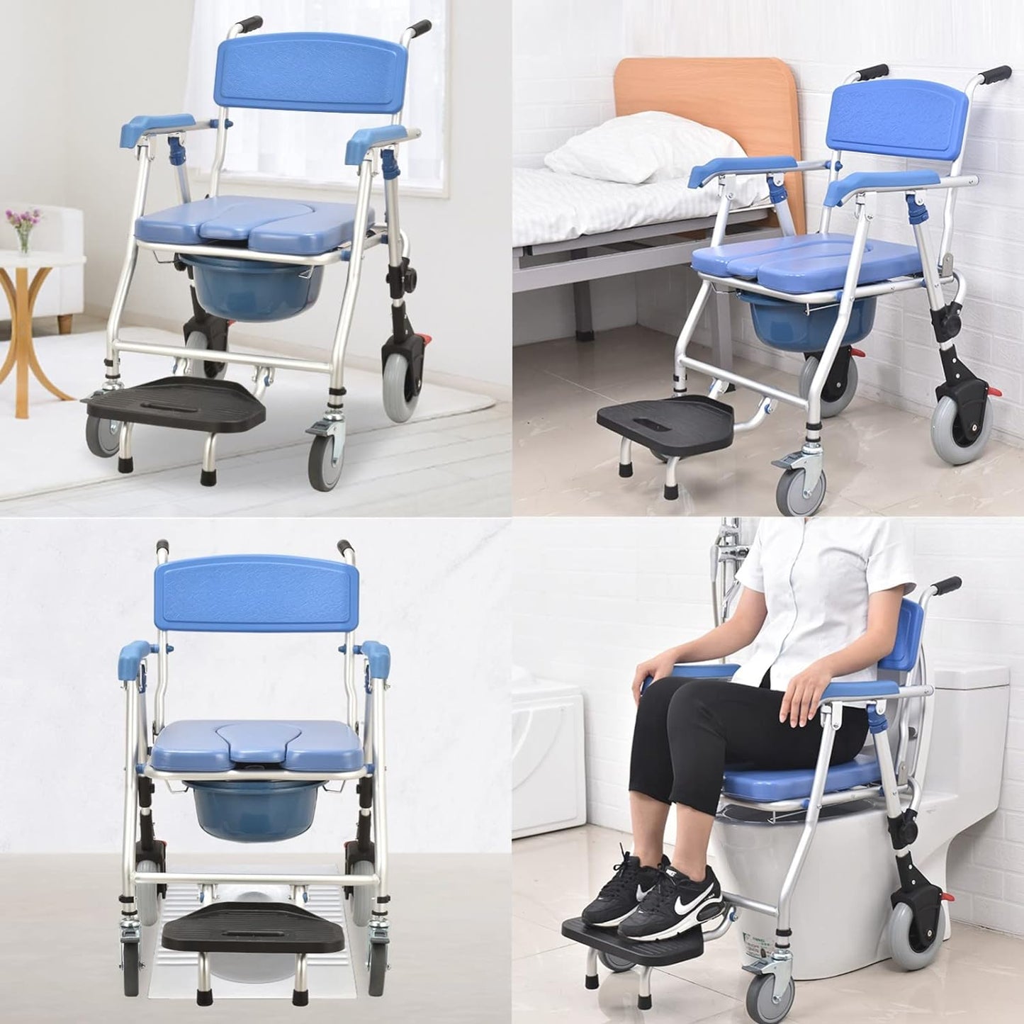 3 in 1 U Cut Seat Aluminium Rolling Shower Commode Chair Wheels for Adult Old People