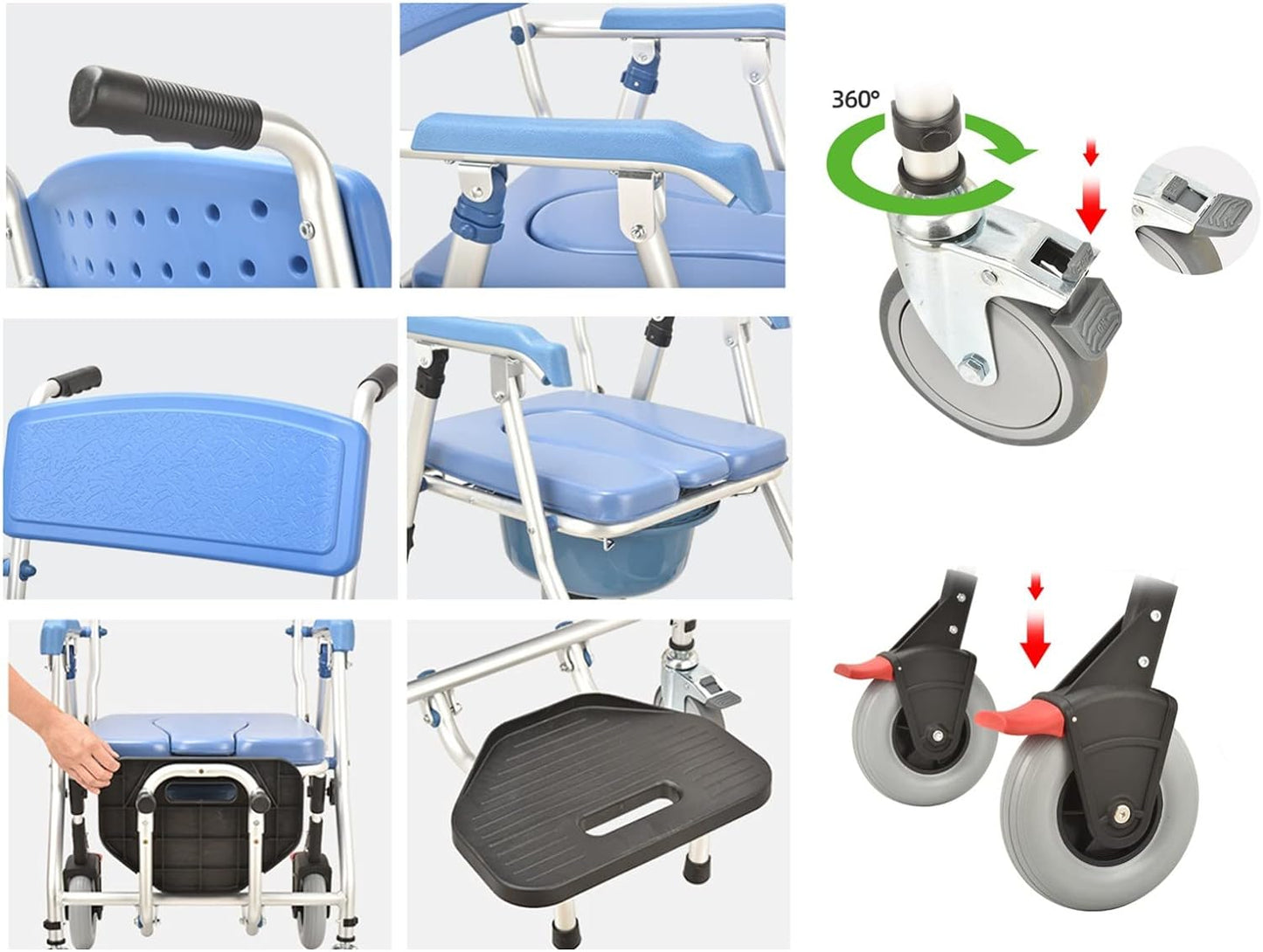 3 in 1 U Cut Seat Aluminium Rolling Shower Commode Chair Wheels for Adult Old People