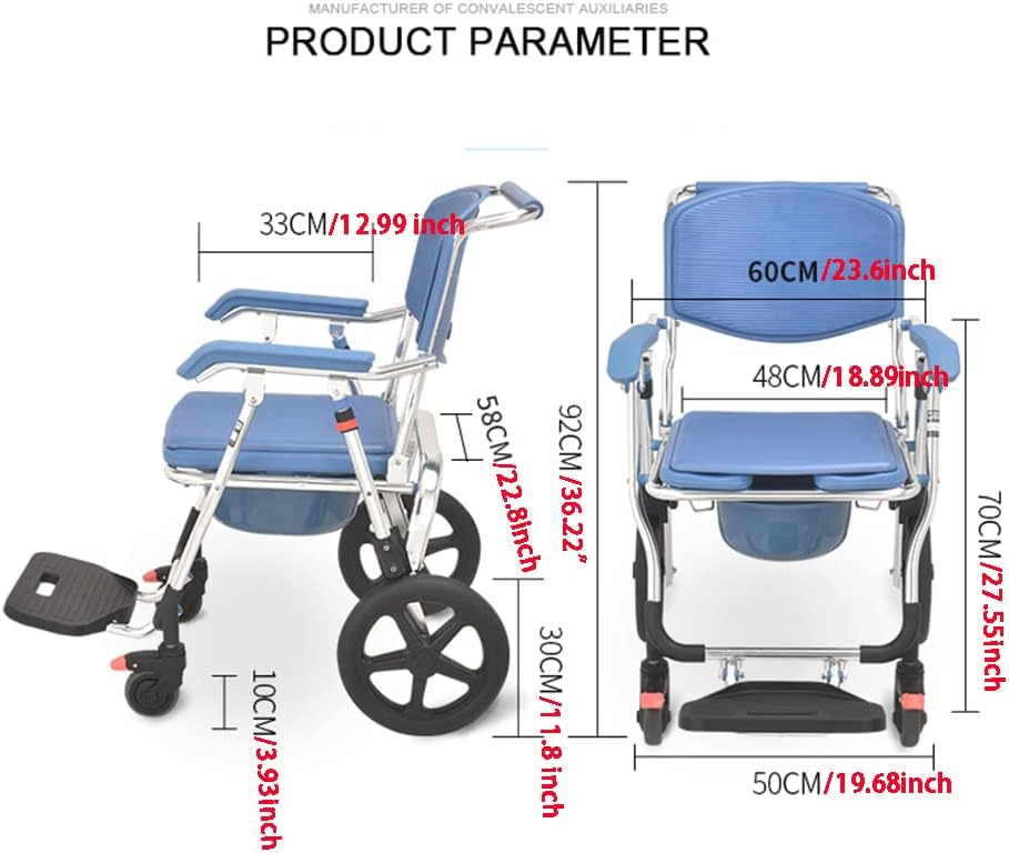 3 in 1 Folding Shower Wheelchair Bedside Commode with Pail Soft Cushion Backrest Locking Wheels