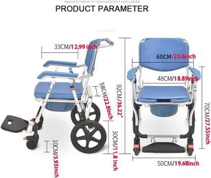 3 in 1 Folding Shower Wheelchair Bedside Commode with Pail Soft Cushion Backrest Locking Wheels