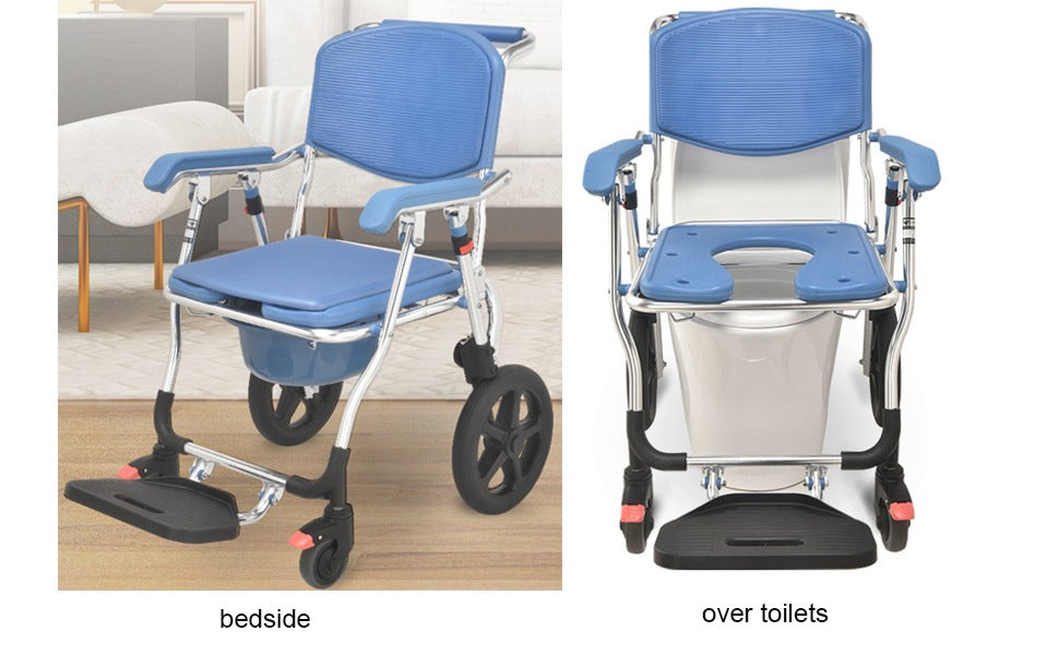 3 in 1 Folding Shower Wheelchair Bedside Commode with Pail Soft Cushion Backrest Locking Wheels