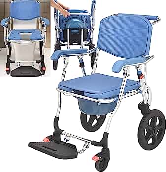 3 in 1 Folding Shower Wheelchair Bedside Commode with Pail Soft Cushion Backrest Locking Wheels