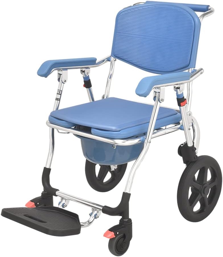 3 in 1 Folding Shower Wheelchair Bedside Commode with Pail Soft Cushion Backrest Locking Wheels