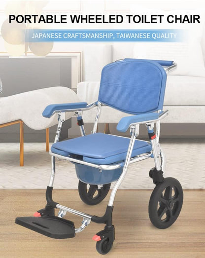 3 in 1 Folding Shower Wheelchair Bedside Commode with Pail Soft Cushion Backrest Locking Wheels