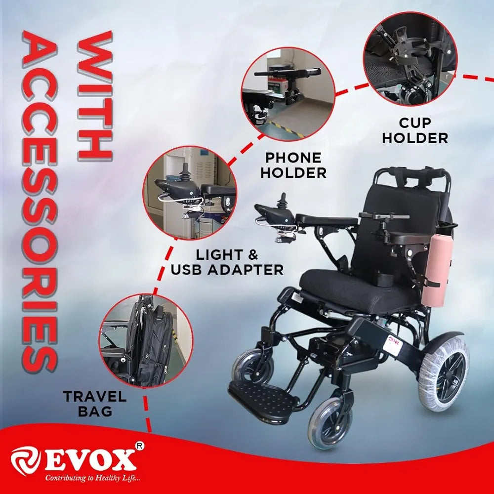 Evox WC 109A Electric Wheelchair Auto Folding with LED Light Cup Holder Phone Holder USB Adapter