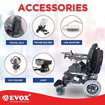 Evox WC 109A Electric Wheelchair Auto Folding with LED Light Cup Holder Phone Holder USB Adapter