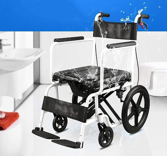 Mobility Kart Premium Imported Aluminium Light Weight Foldable Waterproof Shower Commode Wheelchair with Attendant Brakes