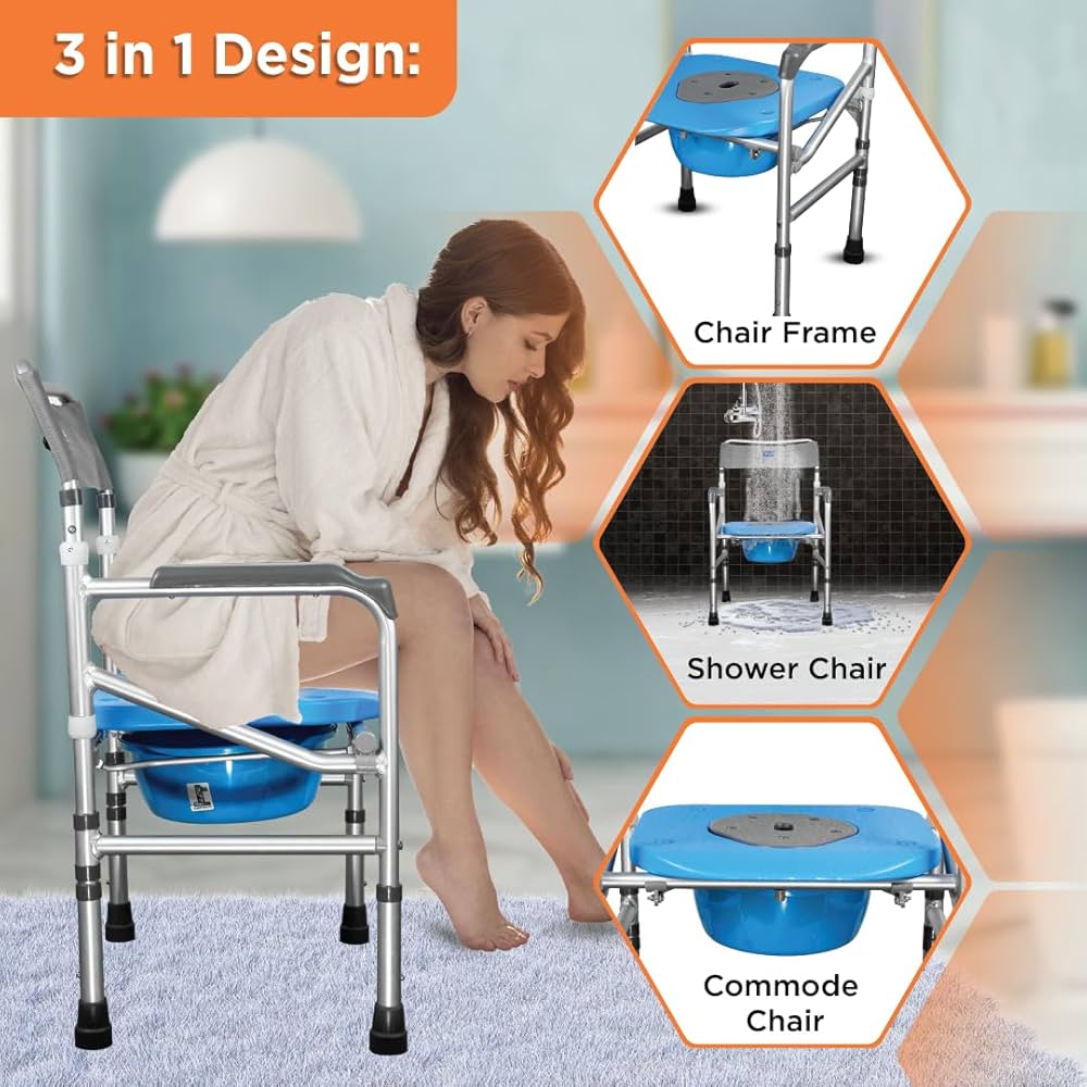 Comfort 3 in 1 Foldable Commode Shower Chair | Bath Aid with Washable Backrest - Without Castor (Grey)