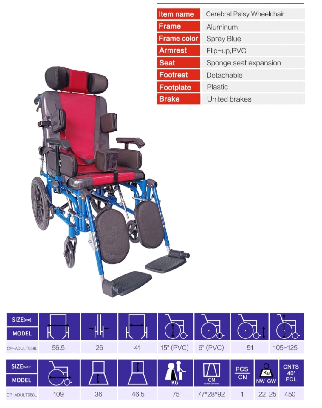 Mobility Kart Multifunction Aluminium Cerebral Palsy Wheelchair with Tilt and Reclining