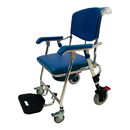 3 in 1 Folding Shower Wheelchair Bedside Commode with Pail Soft Cushion Backrest Locking Wheels