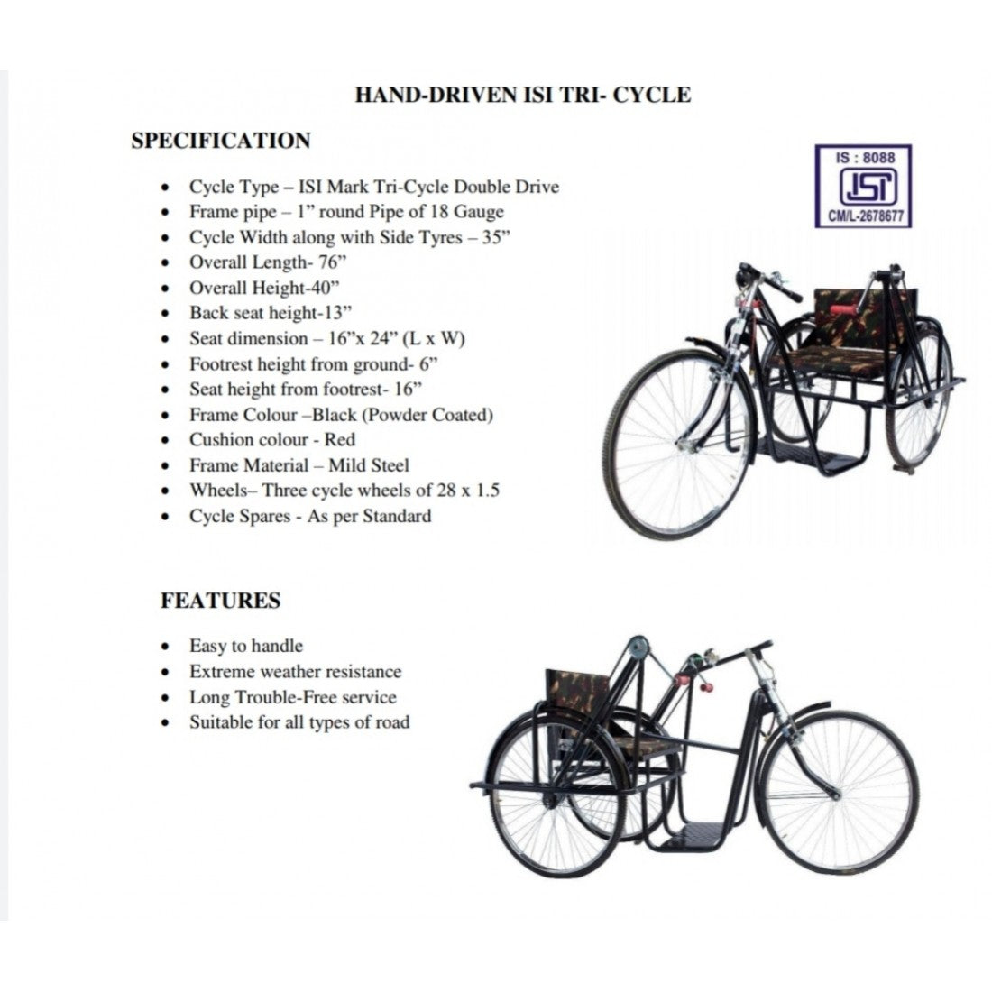 ISI Mark Tricycle For Divyang Person