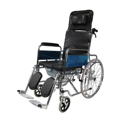 Mobility Kart Foldable Reclining Wheelchair with Commode & Elevating Legrest