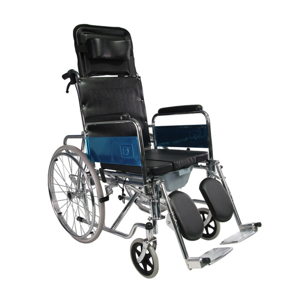 Mobility Kart Foldable Reclining Wheelchair with Commode & Elevating Legrest