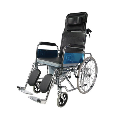 Mobility Kart Foldable Reclining Wheelchair with Commode & Elevating Legrest