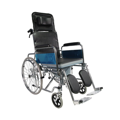 Mobility Kart Foldable Reclining Wheelchair with Commode & Elevating Legrest