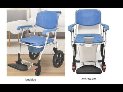 3 in 1 Folding Shower Wheelchair Bedside Commode with Pail Soft Cushion Backrest Locking Wheels