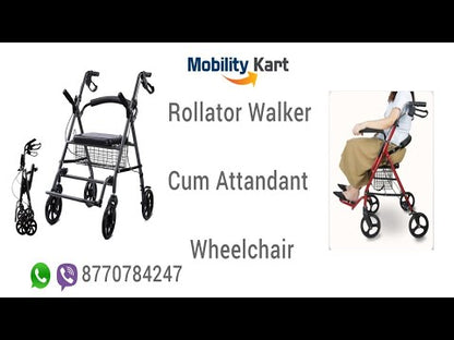 Mobility Kart Aluminium Rollator Walker Cum Attendant Foldable Wheelchair