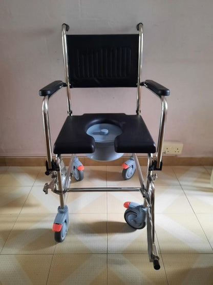 Fully Waterproof Pu Seat Stainless Steel Rolling Shower Commode Wheelchair With Flip Up Armrest & Detachable Footrest