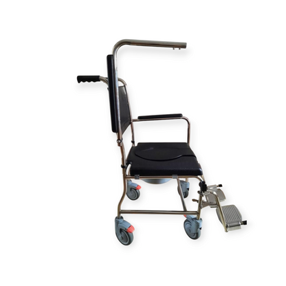 Fully Waterproof Pu Seat Stainless Steel Rolling Shower Commode Wheelchair With Flip Up Armrest & Detachable Footrest