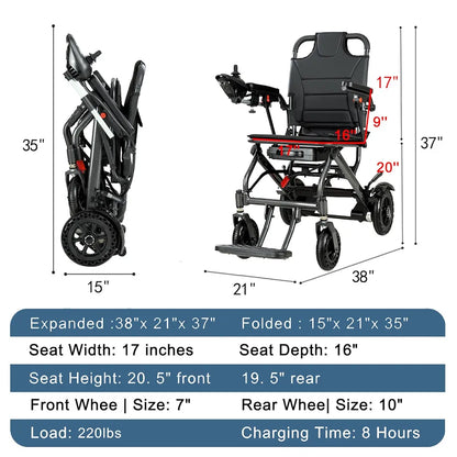 Lightest 16KG Compact Foldable Easy to Carry Electric Wheelchair with Wireless Remote