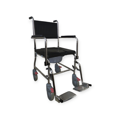 Fully Waterproof Pu Seat Stainless Steel Rolling Shower Commode Wheelchair With Flip Up Armrest & Detachable Footrest