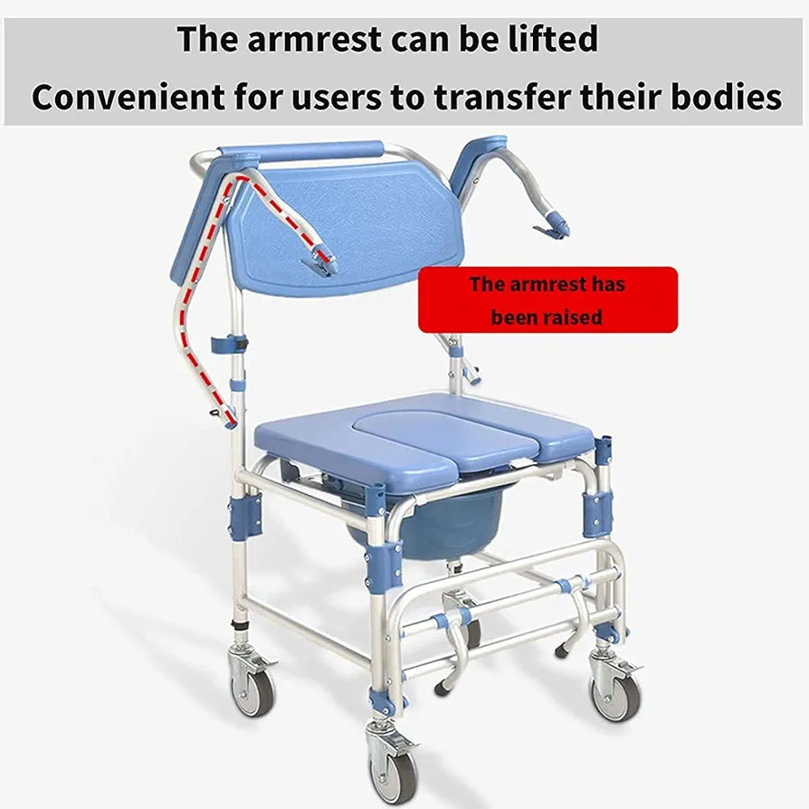 Premium Imported Rolling Shower Commode Aluminium Wheelchair with Flip-Up Armrest & Footrest (U-Cut Seat)