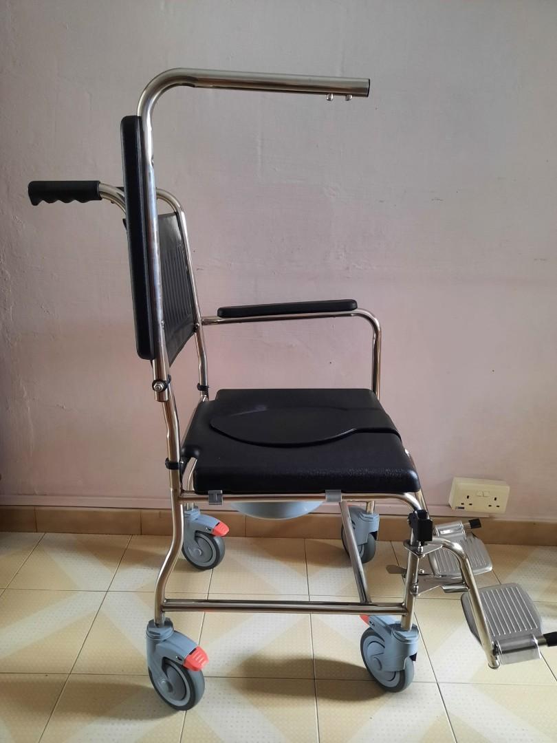Fully Waterproof Pu Seat Stainless Steel Rolling Shower Commode Wheelchair With Flip Up Armrest & Detachable Footrest