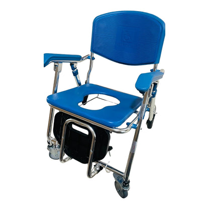 3 in 1 Folding Shower Wheelchair Bedside Commode with Pail Soft Cushion Backrest Locking Wheels