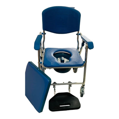 3 in 1 Folding Shower Wheelchair Bedside Commode with Pail Soft Cushion Backrest Locking Wheels